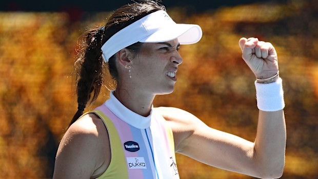 Ajla Tomljanovic of Australia celebrates winning against Ashlyn Krueger of the United States in the Women's Singles First Round match during day two of the 2025 Australian Open at Melbourne Park on January 13, 2025 in Melbourne, Australia. (Photo by Quinn Rooney/Getty Images)