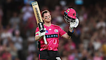 SYDNEY, AUSTRALIA - JANUARY 16:  Steve Smith of the Sixers celebrates and acknowledges the crowd after scoring a century during the BBL match between Sydney Sixers and Sydney Thunder at the Sydney Cricket Ground, on January 16, 2026, in Sydney, Australia (Photo by Matt King - CA/Cricket Australia via Getty Images)