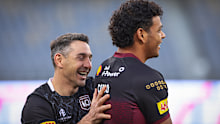 Billy Slater and Selwyn Cobbo in Maroons camp in 2022.