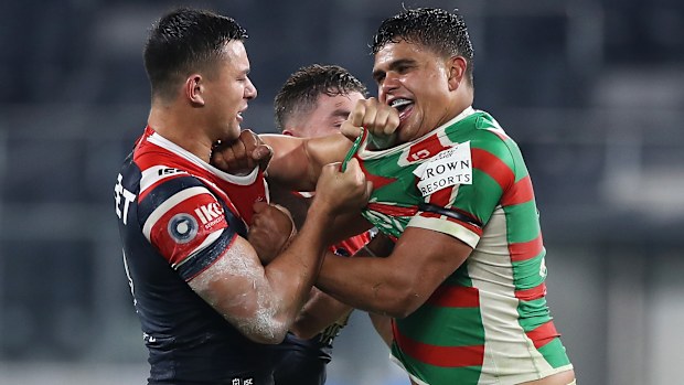 SYDNEY, AUSTRALIA - MAY 29: Joseph Manu of the Roosters and Latrell Mitchell of the Rabbitohs scuffle during the round three NRL match between the Sydney Roosters and the South Sydney Rabbitohs at Bankwest Stadium on May 29, 2020 in Sydney, Australia. (Photo by Mark Kolbe/Getty Images)