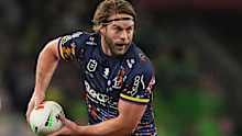 Christian Welch of the Storm looks to pass the ball during the round 17 NRL match between Melbourne Storm and Canberra Raiders at AAMI Park, on June 29, 2024, in Melbourne, Australia. (Photo by Daniel Pockett/Getty Images)