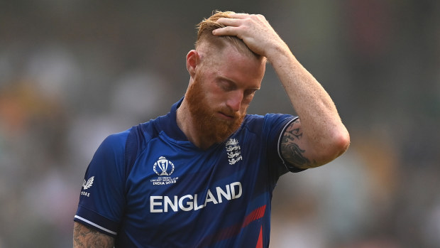 Ben Stokes of England reacts during the ICC Men's Cricket World Cup India 2023 match between England and South Africa at Wankhede Stadium on October 21, 2023 in Mumbai, India. (Photo by Gareth Copley/Getty Images)