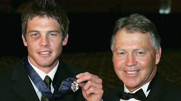 Ben Cousins poses with his father Bryan Cousins after winning the 2005 Brownlow Medal.