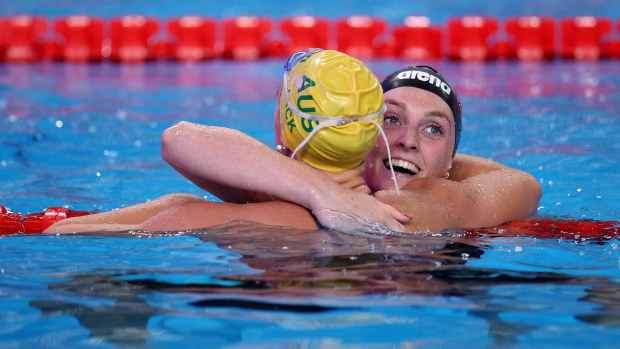 Marrit Steenbergen of Team Netherlands (R) is congratulated by Bronze Medalist, Shayna Jack of Team Australia after winning gold in the Women's 100m Freestlye Final on day fifteen of the Doha 2024 World Aquatics Championships at Aspire Dome on February 16, 2024 in Doha, Qatar. (Photo by Adam Pretty/Getty Images)