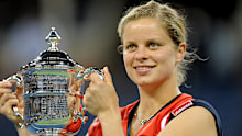 NEW YORK - SEPTEMBER 13: Kim Clijsters of Belgium with the championship trophy after defeating Caroline Wozniacki of Denmark in the Women's Singles final on day fourteen of the 2009 U.S. Open at the USTA Billie Jean King National Tennis Center on September 13, 2009 in the Flushing neighborhood of the Queens borough of New York City. (Photo by Rob Tringali/Sportschrome/Getty Images)
