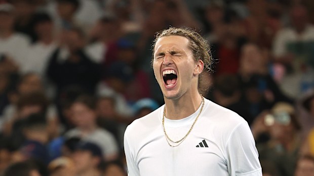 Alexander Zverev of Germany celebrates match point in his round two singles match against Lukas Klein of Slovakia.