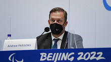 BEIJING, CHINA - MARCH 2:  International Paralympic Committee president Andrew Parsons speaks during a IPC press conference in Main news center on March 2, 2022 in Beijing, China. (Photo by Wang He/Getty Images for International Paralympic Committee)
