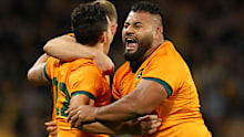 Taniela Tupou of the Wallabies celebrates victory at Suncorp Stadium.