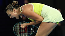 Aryna Sabalenka celebrates a point against Madison Keys.