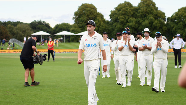 Tim Southee walks from the ground at the end of day three of the first Test match with South Africa.