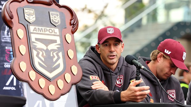 Queensland Maroons coach Billy Slater addresses media in Perth.