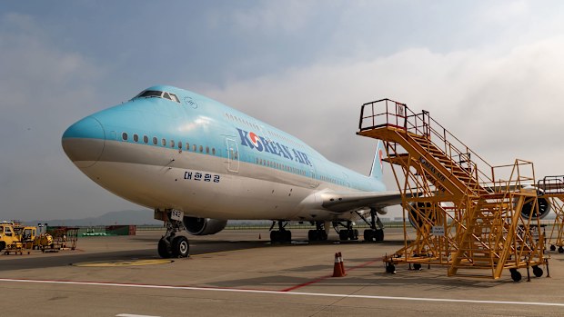A Korean Air plane sits on the tarmac at Incheon International Airport.