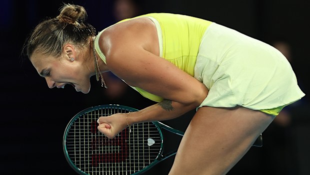 Aryna Sabalenka celebrates a point against Madison Keys.