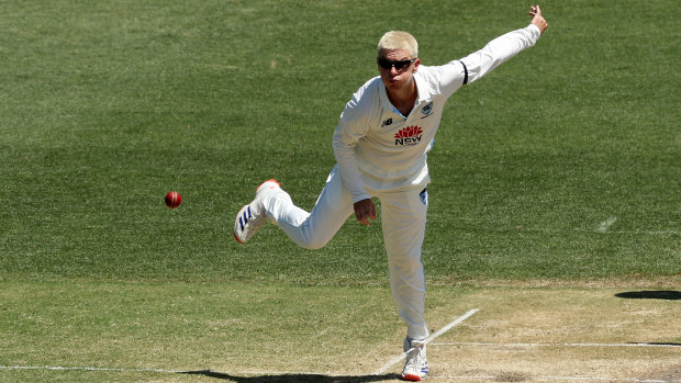 Adam Zampa of the Blues bowls during the Sheffield Shield match.