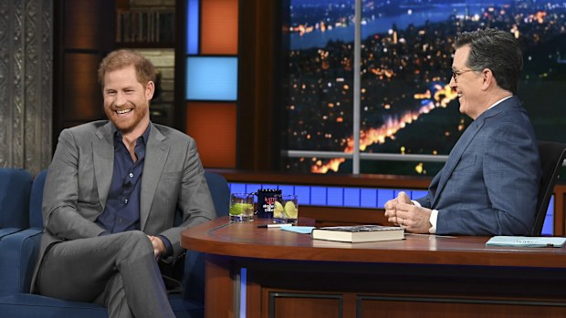 This image courtesy of CBS show Prince Harry, left, with host Stephen Colbert during a taping of "The Late Show with Stephen Colbert" on Tuesday, Jan. 10, 2023. (Scott Kowalchyk/CBS via AP)