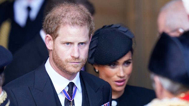 Prince Harry and Meghan, Duchess of Sussex leave Westminster Hall, London, Wednesday, Sept. 14, 2022 after the coffin of Queen Elizabeth II was brought to the hall to lie in state ahead of her funeral on Monday.