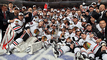 PHILADELPHIA - JUNE 09:  The Chicago Blackhawks pose for a team photo after defeating the Philadelphia Flyers 4-3 in overtime and win the Stanley Cup in Game Six of the 2010 NHL Stanley Cup Final at the Wachovia Center on June 9, 2010 in Philadelphia, Pennsylvania.  (Photo by Jim McIsaac/Getty Images)