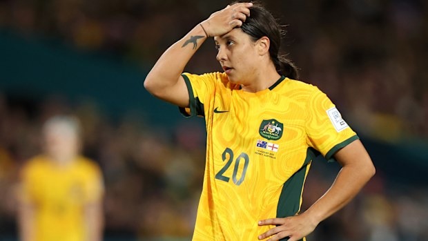 Sam Kerr of Australia reacts after England's opening goal.