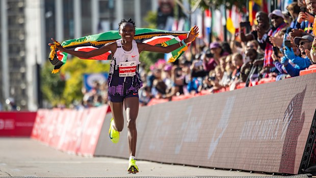 Ruth Chepngetich completing the 2025 Chicago Marathon and annihilating the women's marathon world record. The Kenyan has since been found guilty of doping.