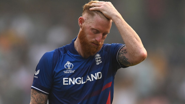 Ben Stokes of England reacts during the ICC Men's Cricket World Cup India 2023 match between England and South Africa at Wankhede Stadium on October 21, 2023 in Mumbai, India. (Photo by Gareth Copley/Getty Images)