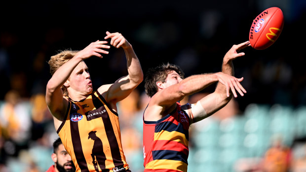 Jordon Butts of the Crows and Cam Mackenzie of the Hawks compete for the ballduring the round six AFL match between Hawthorn Hawks and Adelaide Crows at University of Tasmania Stadium, on April 23, 2023, in Launceston, Australia. (Photo by Steve Bell/Getty Images)