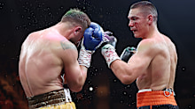 WOLLONGONG, AUSTRALIA - APRIL 05: Tim Tszyu punches Denis Nurja during the WBO International Super Middleweight Title bout between Tim Tszyu and Denis Nurja at WIN Entertainment Centre on April 05, 2026 in Wollongong, Australia. (Photo by Jeremy Ng/Getty Images)