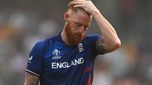 Ben Stokes of England reacts during the ICC Men's Cricket World Cup India 2023 match between England and South Africa at Wankhede Stadium on October 21, 2023 in Mumbai, India. (Photo by Gareth Copley/Getty Images)
