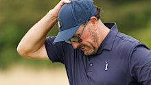 Phil Mickelson reacts on the 14th green during day one of the LIV Golf Invitational in Bedminster.