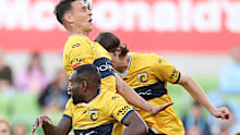 Mariners captain Trent Sainsbury heads the ball during the round 25 A-League Men clash between Melbourne City and Central Coast Mariners at AAMI Park.