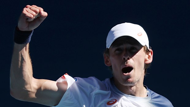 Alex de Minaur of Australia celebrates a point against Francisco Cerundolo of Argentina.