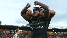 PENRITH, AUSTRALIA - JUNE 09: Brian Too of the Panthers celebrates scoring a try during the round 14 NRL match between Penrith Panthers and Manly Sea Eagles at BlueBet Stadium, on June 09, 2024, in Penrith, Australia. (Photo by Jeremy Ng/Getty Images)