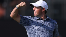 DUBAI, UNITED ARAB EMIRATES - JANUARY 30: Rory McIlroy of Northern Ireland celebrates victory in the Final Round on Day Five of the Hero Dubai Desert Classic at Emirates Golf Club on January 30, 2023 in Dubai, United Arab Emirates. (Photo by Oisin Keniry/Getty Images)