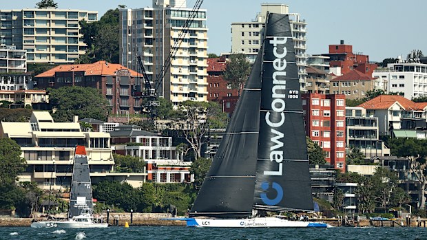 LawConnect sails down Sydney Harbour during the 2025 Cabbage Tree Island Race.