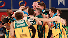 MELBOURNE, AUSTRALIA - MARCH 24: JackJumpers celebrate winning during game three of the NBL Championship Grand Final Series between Melbourne United and Tasmania JackJumpers at John Cain Arena, on March 24, 2024, in Melbourne, Australia. (Photo by Kelly Defina/Getty Images)