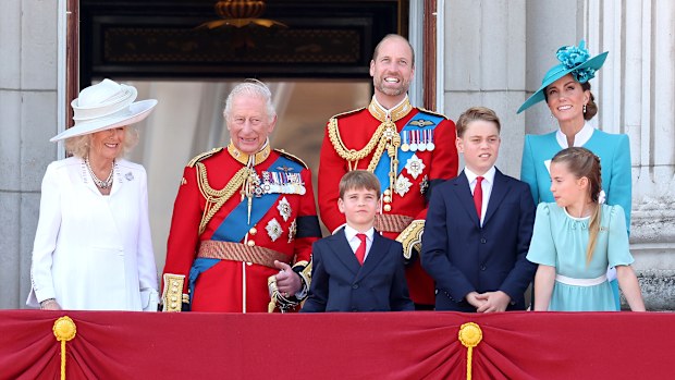 Queen Camilla, King Charles III, Prince Louis, Prince William, Prince George, Princess Charlotte  and Catherine, Princess of Wales on the balcony of Buckingham Palace during Trooping The Colour 2025 on June 14, 2025 in London, England.