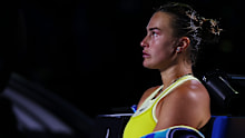 Aryna Sabalenka shows dejection after her defeat by Madison Keys.