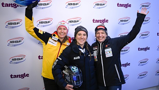 The women's monobob podium in Sigulda, Latvia, headlined by gold medallist Bree Walker.