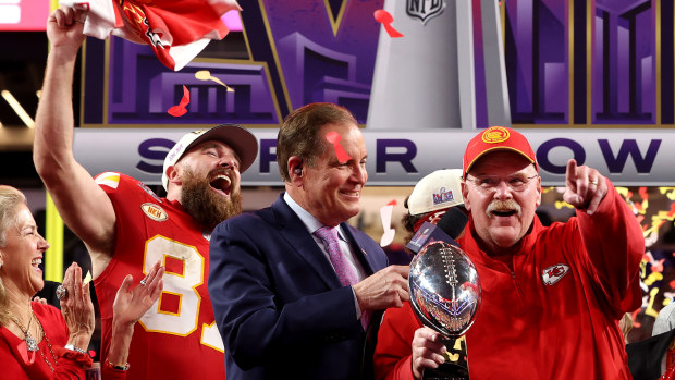 Travis Kelce #87 and Head coach Andy Reid of the Kansas City Chiefs react after defeating the San Francisco 49ers 25-22 during Super Bowl LVIII at Allegiant Stadium on February 11, 2024 in Las Vegas, Nevada. (Photo by Jamie Squire/Getty Images)