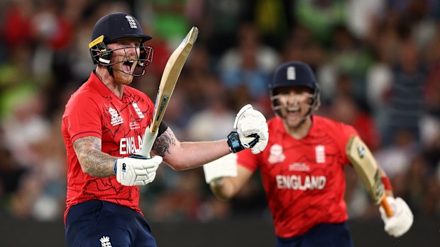 MELBOURNE, AUSTRALIA - NOVEMBER 13: Ben Stokes of England celebrates victory following during the ICC Men's T20 World Cup Final match between Pakistan and England at the Melbourne Cricket Ground on November 13, 2022 in Melbourne, Australia. (Photo by Robert Cianflone/Getty Images)