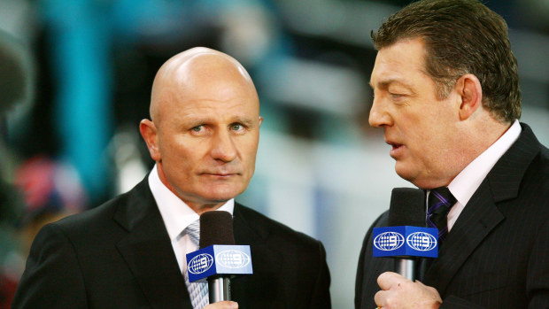 Channel Nine commentators Peter Sterling and Phil Gould talk on camera before the round 14 NRL match between the Sydney Roosters and the Penrith Panthers at Sydney Football Stadium on June 13, 2008 in Sydney, Australia. (Photo by Mark Nolan/Getty Images)