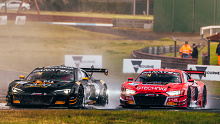 The Garth Tander/Yasser Shahin Audi R8 LMS goes side-by-side with the sister car of Fraser Rossi/Liam Talbot.