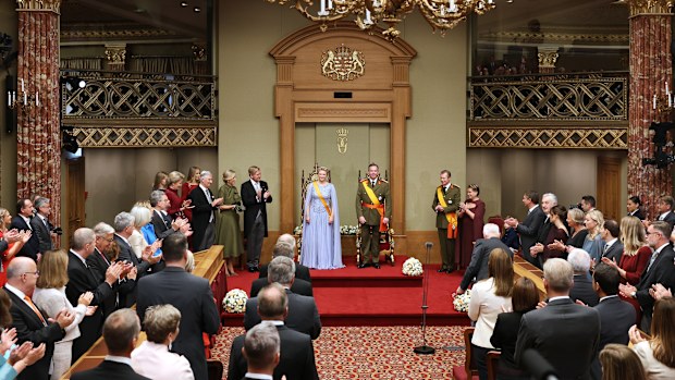 Luxembourg's Grand Duke Guillaume, center right, and Luxembourg's Grand Duchess Stephanie, center left, during a swearing-in ceremony in the session hall of the Chamber of Deputies in Luxembourg, Friday, Oct. 3, 2025. (AP Photo/Omar Havana)