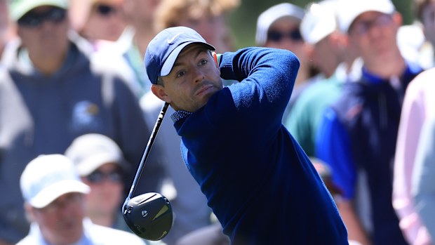 Rory McIlroy of Northern Ireland tees off on the 8th hole during the first round of the 2026 Masters Tournament at Augusta National Golf Club on April 9, 2026 in Augusta, Georgia. (Photo by David Cannon/Getty Images)