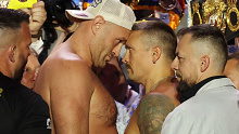 RIYADH, SAUDI ARABIA - MAY 17: Tyson Fury and Oleksandr Usyk face off after weighing in ahead of the IBF, WBA, WBC and WBO heavyweight titles' fight between Tyson Fury and Oleksandr Usyk during the Ring Of Fire Official weigh-in at BLVD City - Music World on May 17, 2024 in Riyadh, Saudi Arabia. (Photo by Richard Pelham/Getty Images)