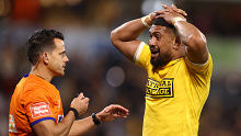 Ardie Savea of the Hurricanes remonstrates with the referee over the final decision.