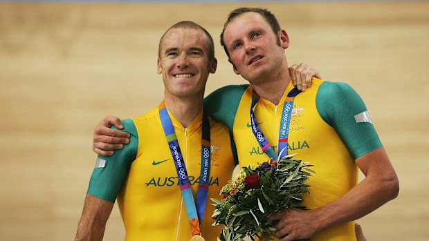 Stuart O'Grady and Graeme Brown of Australia celebrate after winning the gold medal.
