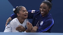 Jordan Chiles and Simone Biles celebrate as they see the scores and win bronze and silver medals in the floor routine on Aug. 5, 2024, at Bercy Arena during the Paris Olympics. (Brian Cassella/Chicago Tribune)