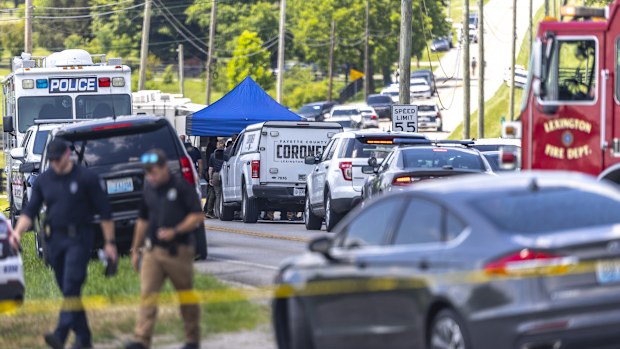 Law enforcement members respond to a shooting near Richmond Road Baptist Church in Lexington, Ky., Sunday, July 13, 2025. 