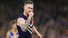 Cam McCarthy of the Dockers celebrates after scoring a goal during the 2019 AFL round 16 match between the Fremantle Dockers and the West Coast Eagles at the Optus Stadium on July 06, 2019 in Perth, Australia. (Photo by Will Russell/AFL Photos)