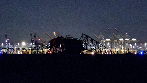 Parts of the Francis Scott Key Bridge remain after a container ship collided with a support Tuesday, March 26, 2024 in Baltimore. 